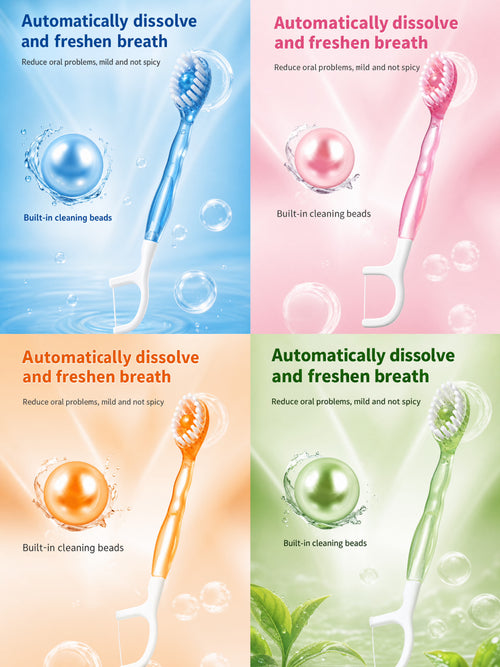 4-in-1 Pop Bead Travel Toothbrush | Floss, Toothpick & Breath Freshener | 2pcs Mixed Flavors